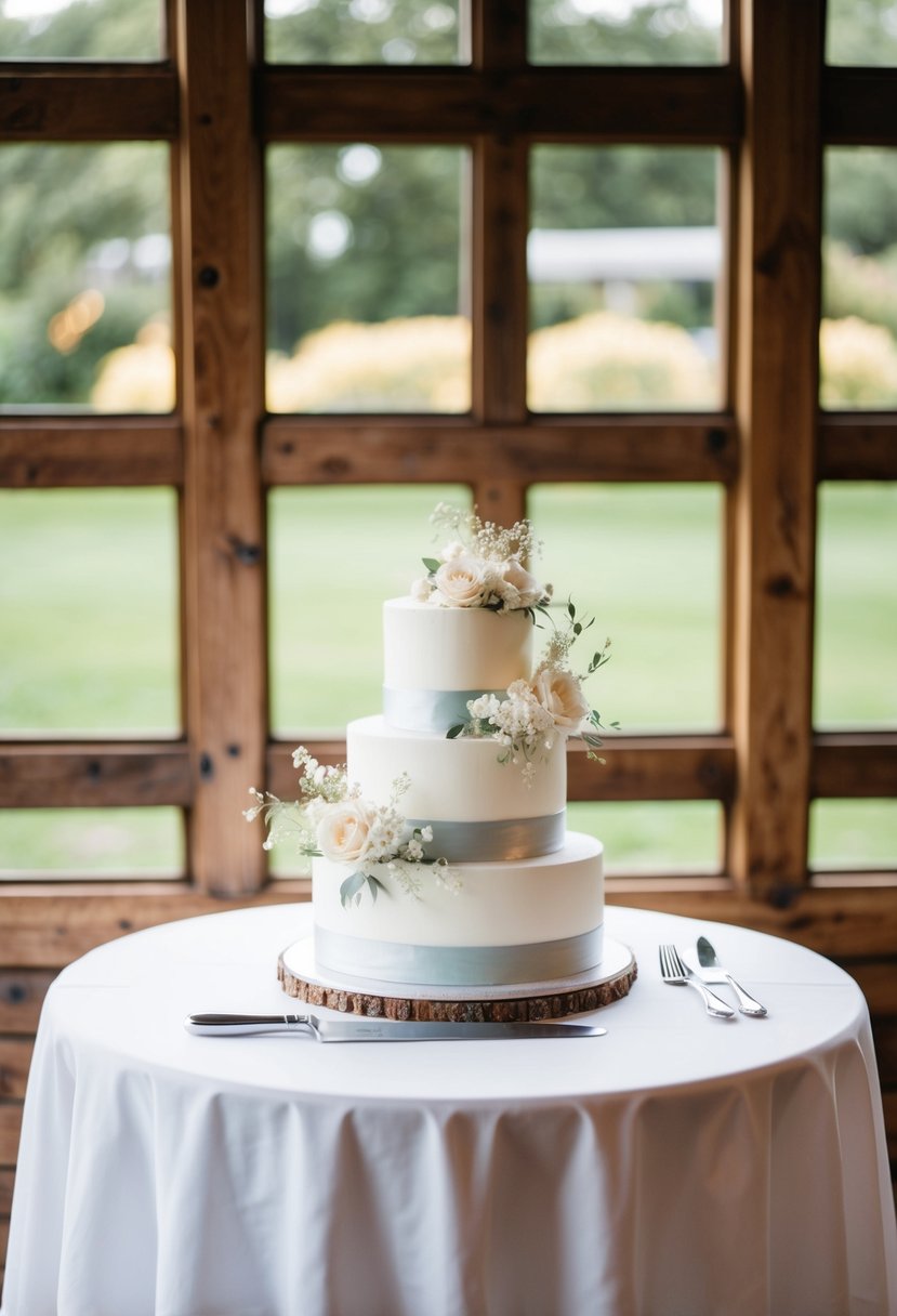 A wooden table with a white tablecloth, a silver cake knife, and a three-tiered wedding cake with delicate floral decorations