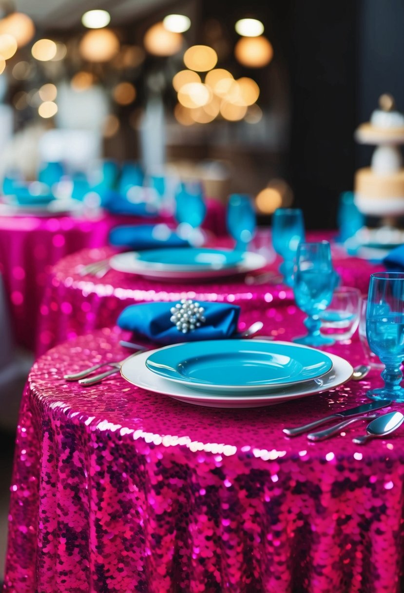 Hot pink sequin tablecloths with blue dinnerware on display