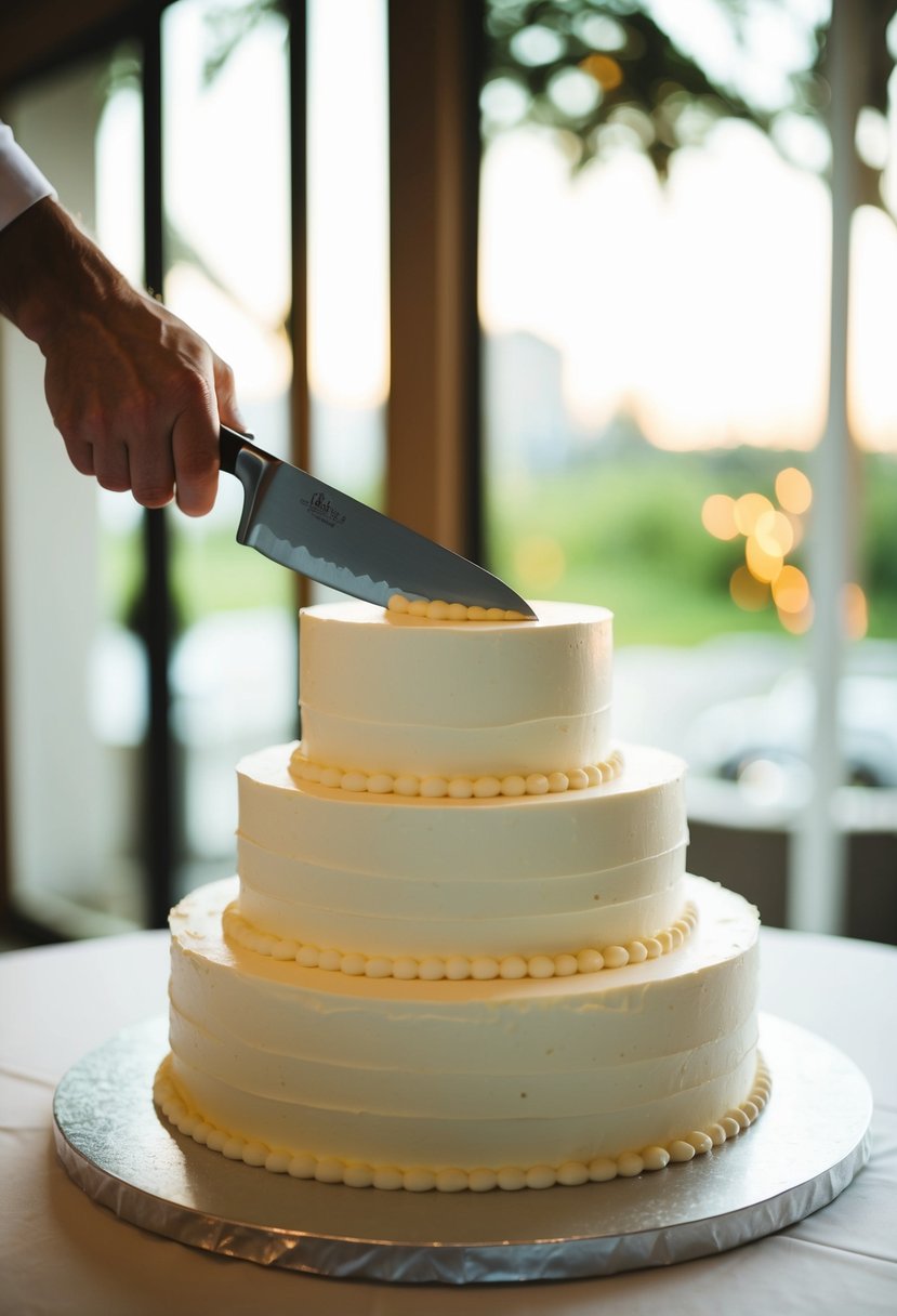 A sharp knife slicing through a tiered wedding cake with precision