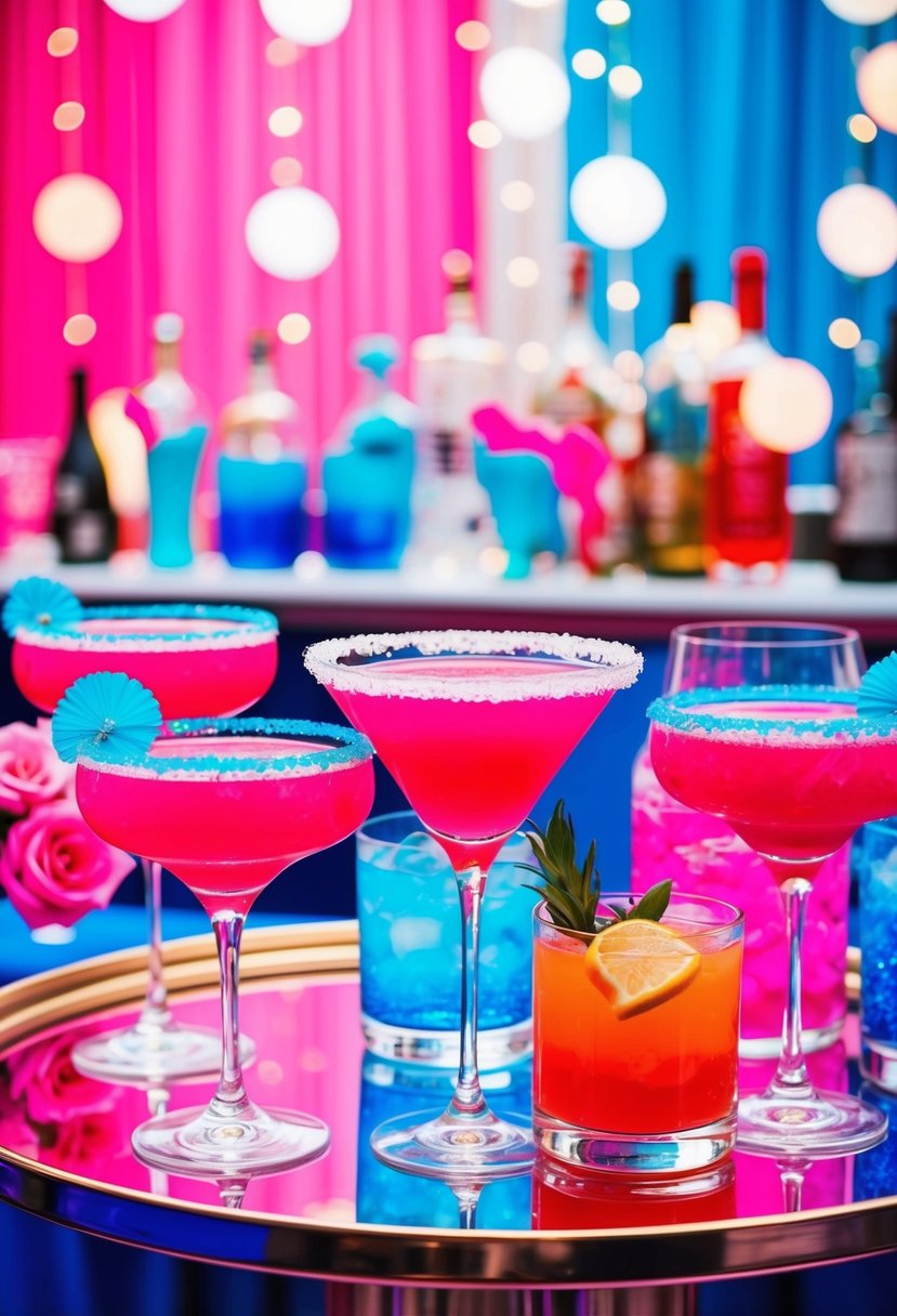 A vibrant pink and blue cocktail bar with colorful drinks and decor, perfect for a hot pink and blue wedding theme