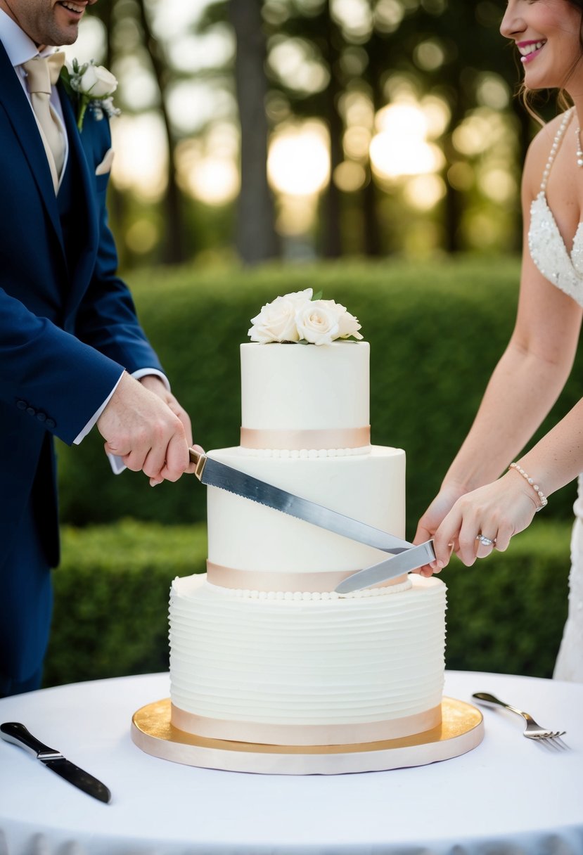 A three-tiered wedding cake sits on a table, with a couple's hands poised to cut into the bottom tier