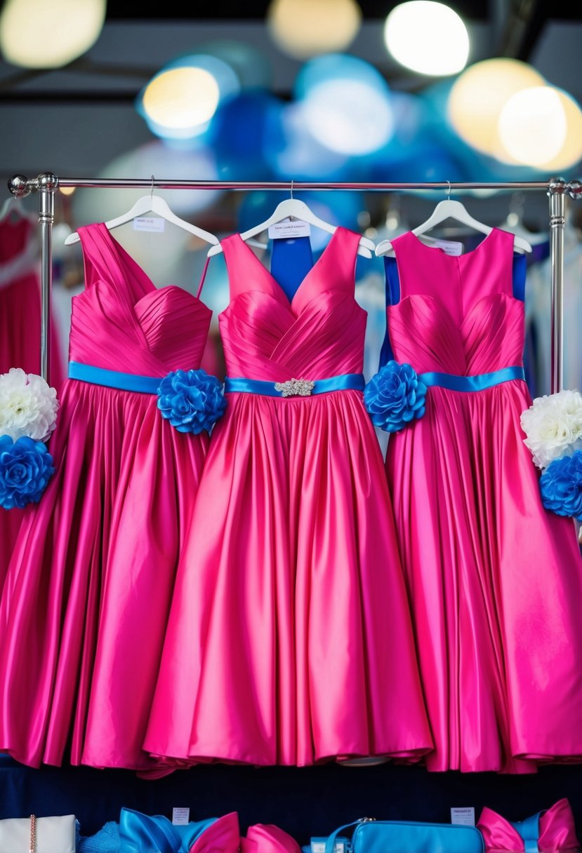 Hot pink bridesmaid dresses with blue accessories arranged on a display table