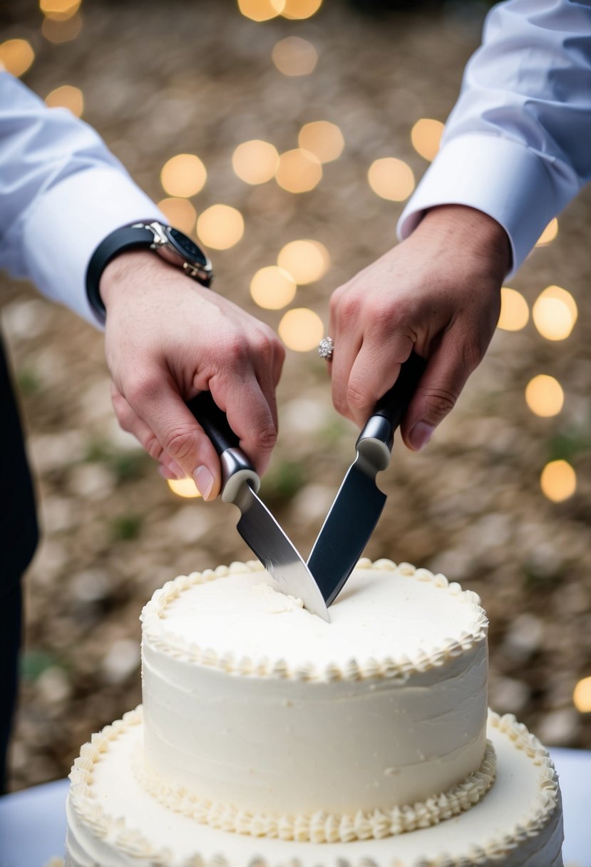 Two hands holding a knife together, cutting into a wedding cake