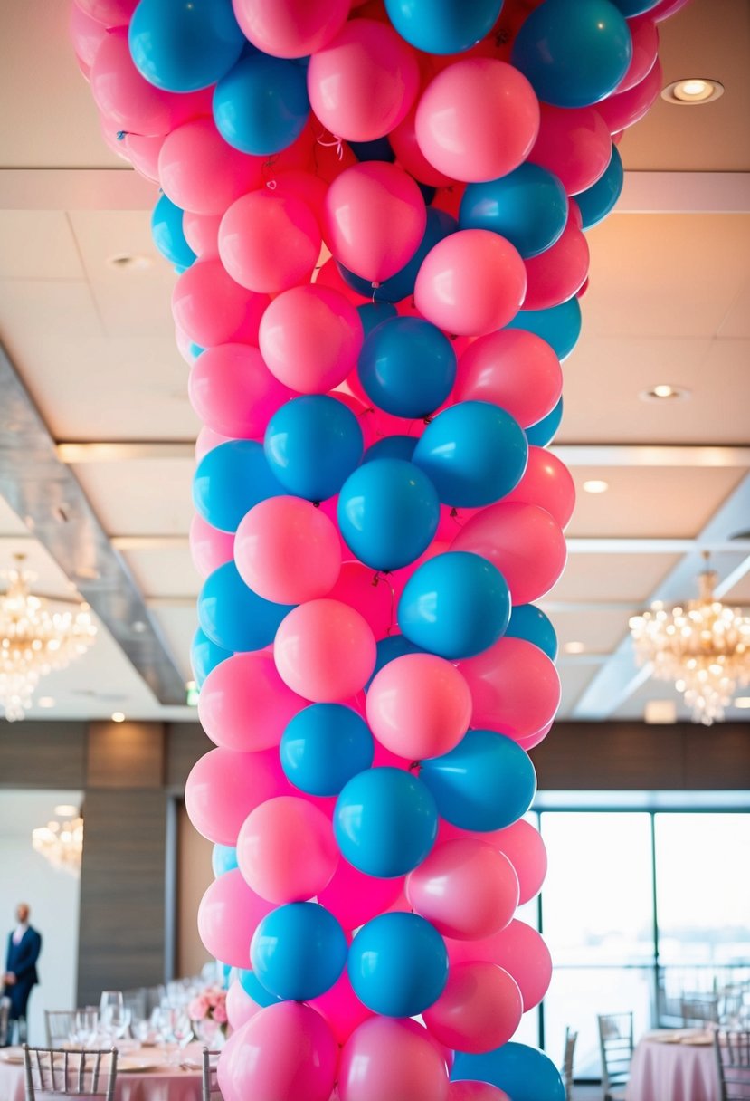 A whimsical installation of hot pink and blue balloons cascading from the ceiling, creating a vibrant and enchanting atmosphere for a wedding celebration