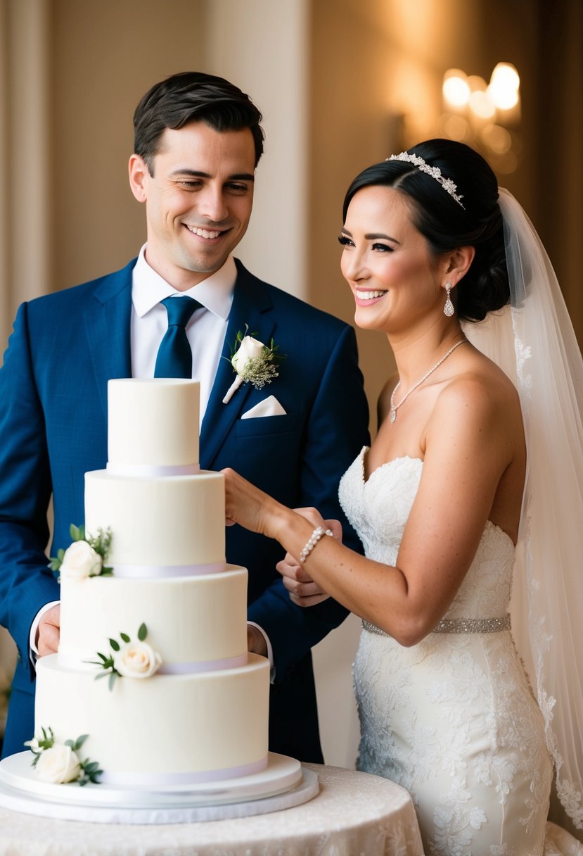 A bride and groom stand side by side, smiling, as they pause to take photographs before slicing into their elegant wedding cake