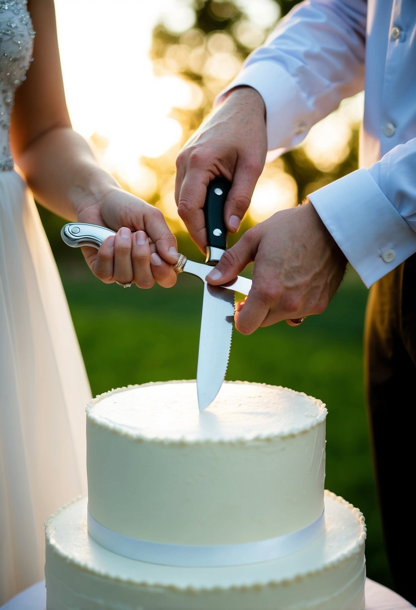 A couple's hands hold a knife together, cutting into a one-tier wedding cake, with a simple and clean design