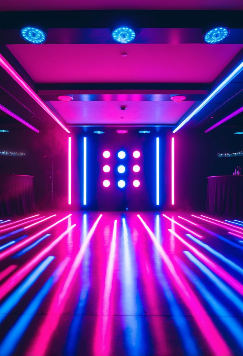 Neon pink and blue lights illuminate a dance floor, casting a vibrant and colorful glow