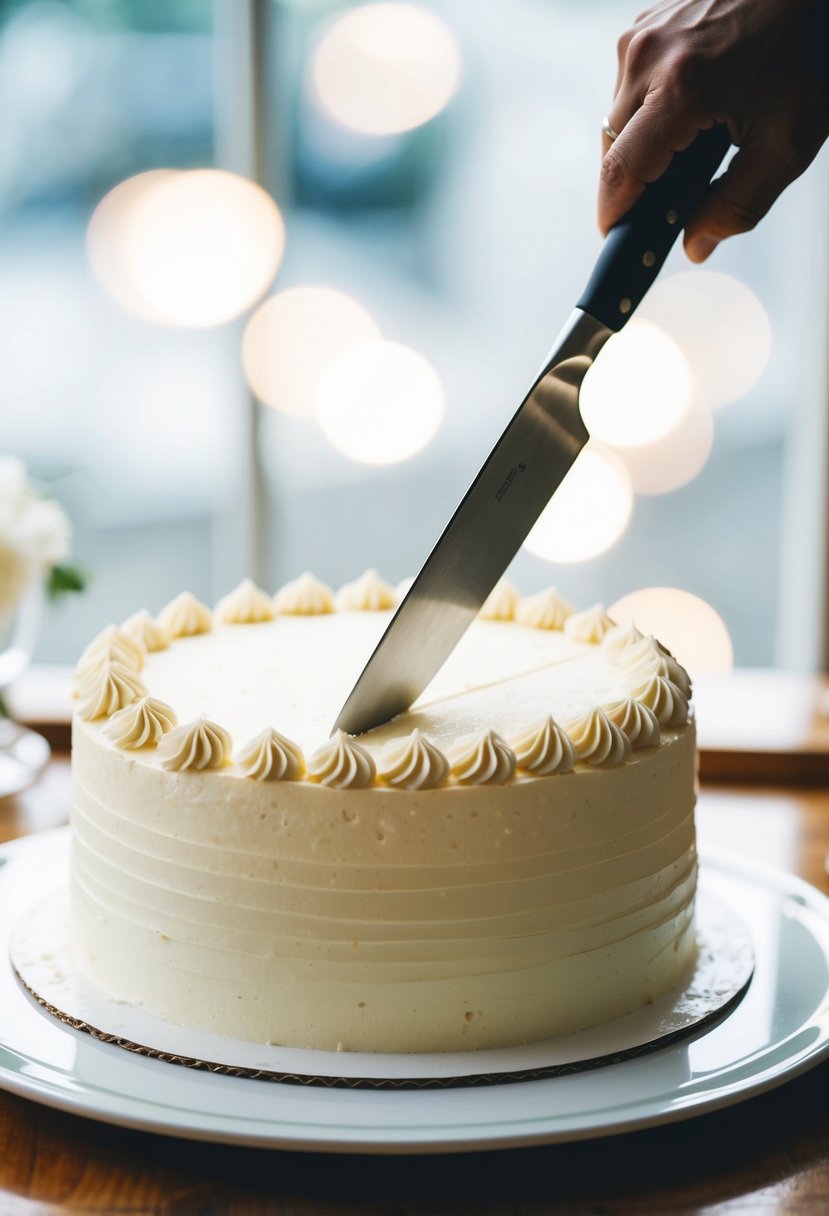 A knife cutting through a wedding cake, creating a clean parallel slice