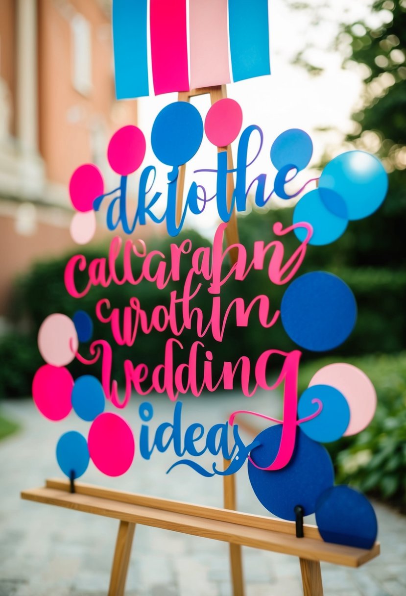 A hot pink and blue calligraphy signage with wedding color ideas