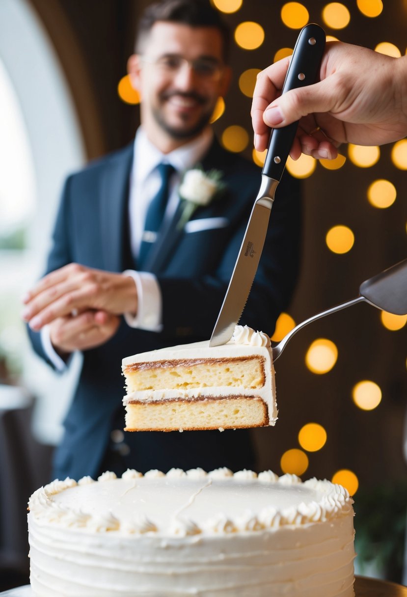 A knife or cake server lifting a slice from a wedding cake