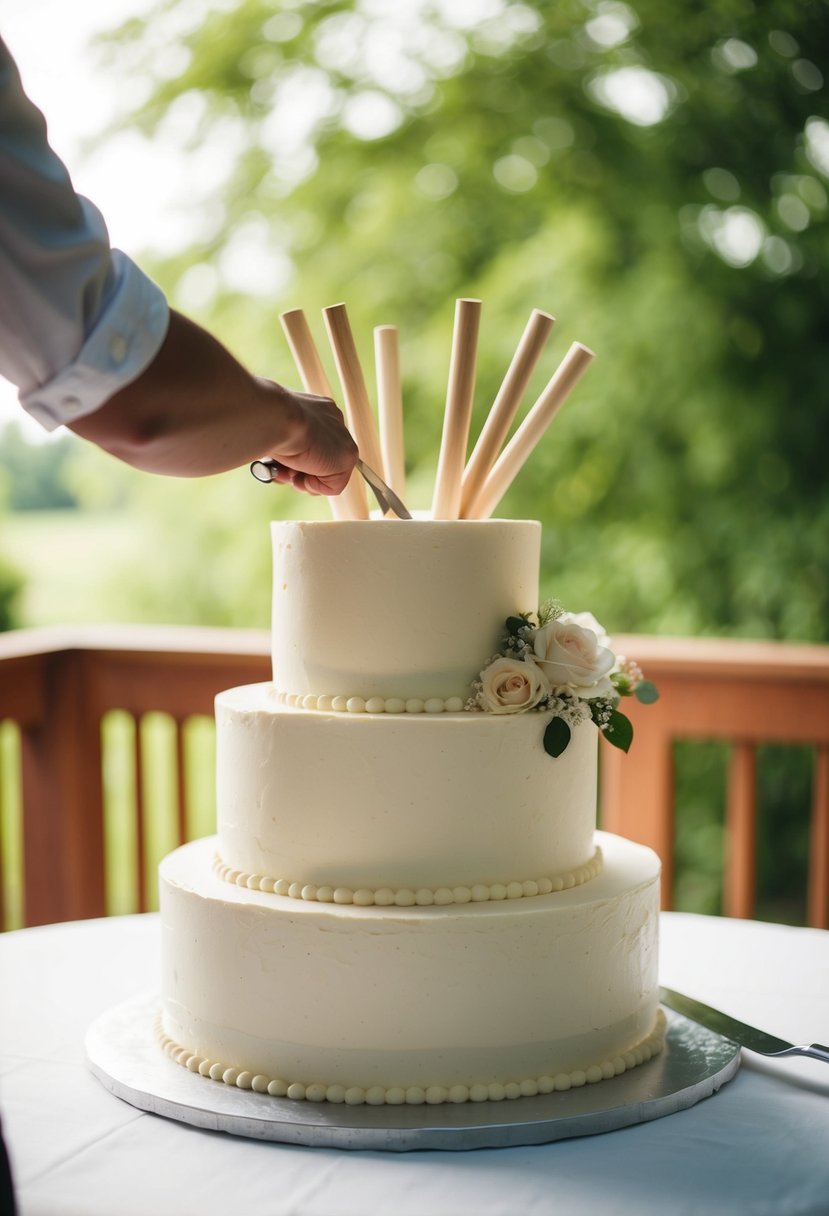 A wedding cake with dowels being removed before cutting