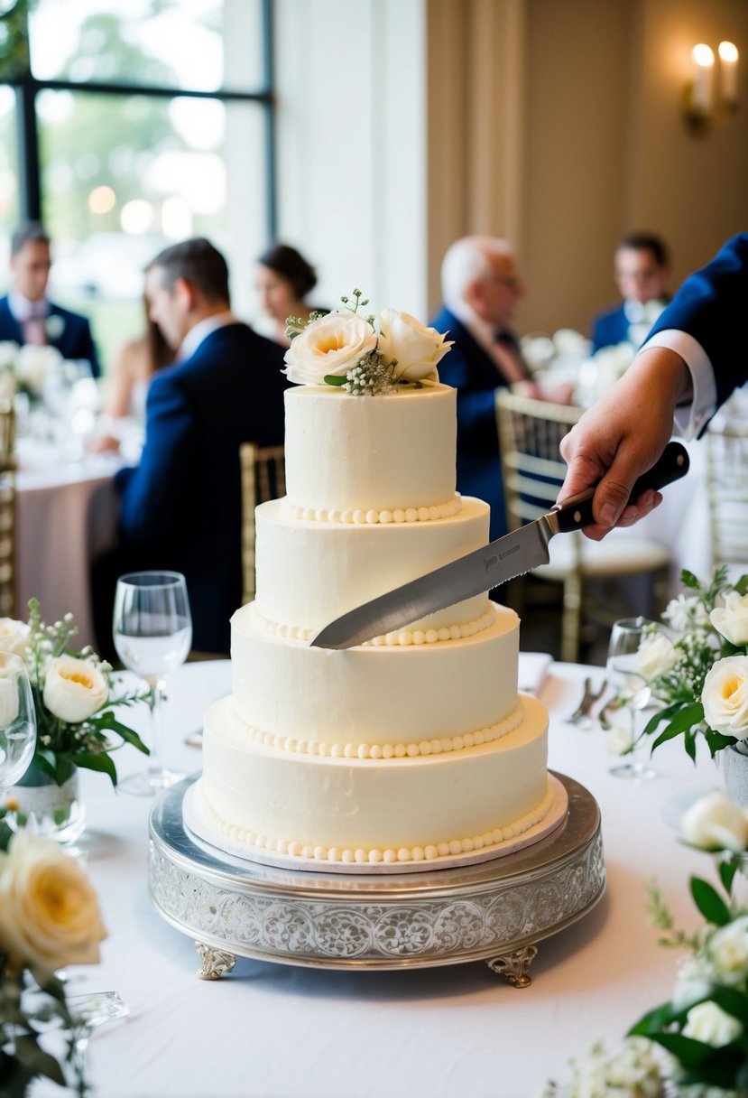 A wedding cake being carefully sliced into tiers with a sharp knife, surrounded by decorative flowers and elegant table settings