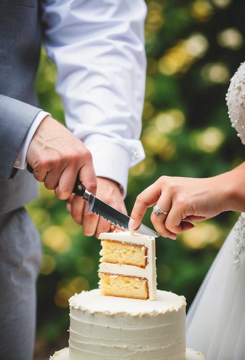 A couple's hands holding a knife together, cutting a small, manageable slice of wedding cake