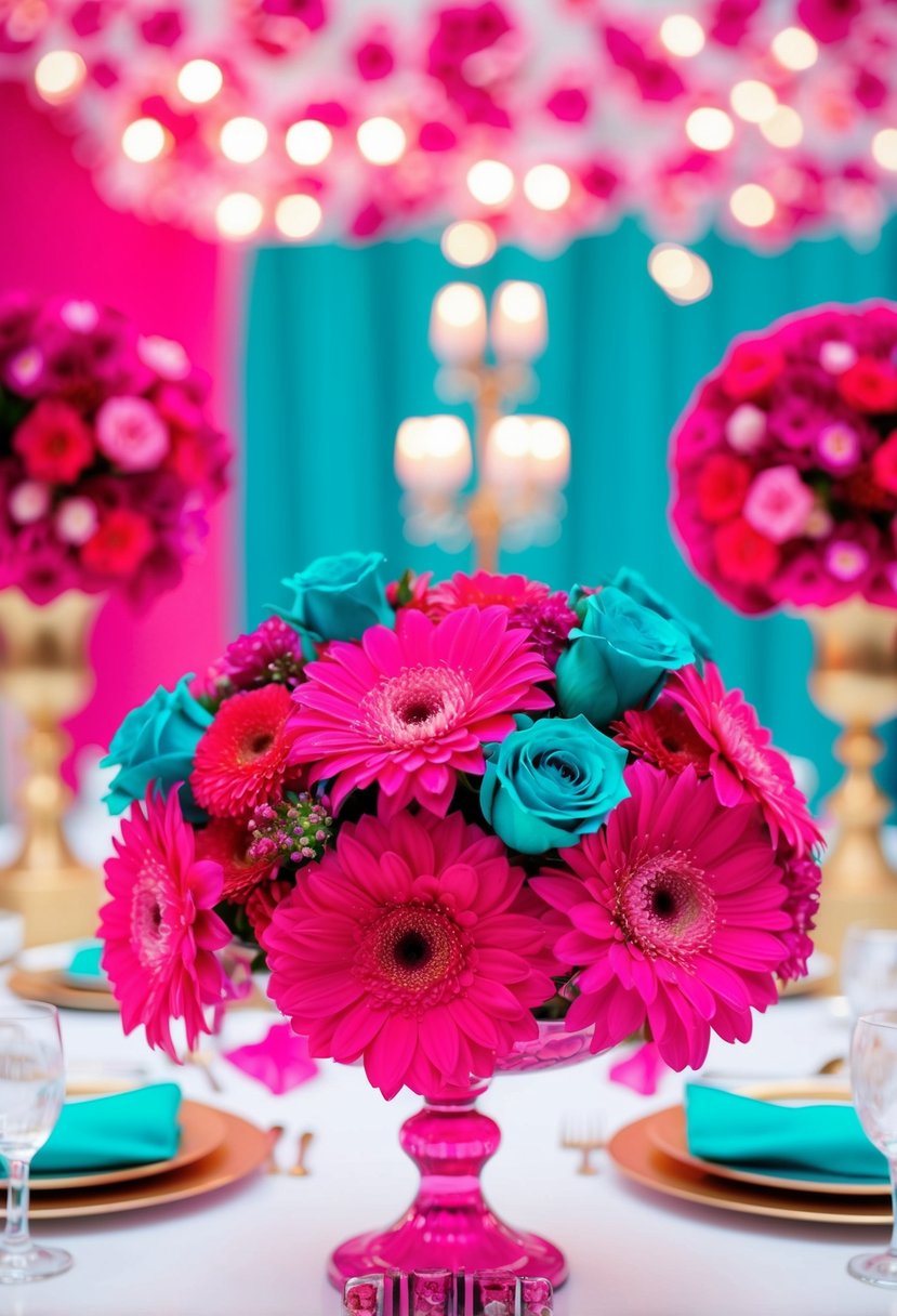 A hot pink and aqua wedding scene with vibrant flowers and elegant decor