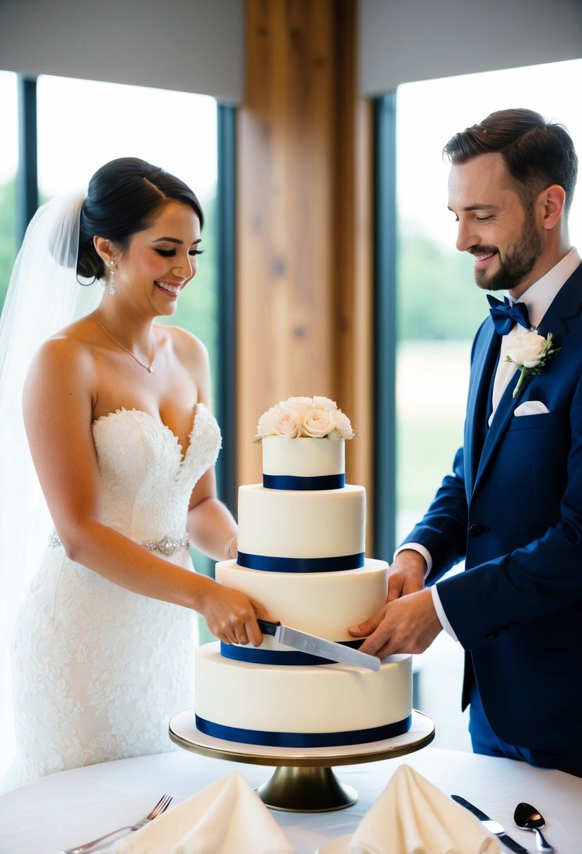 A bride and groom cutting a three-tiered wedding cake with napkins nearby for neatness