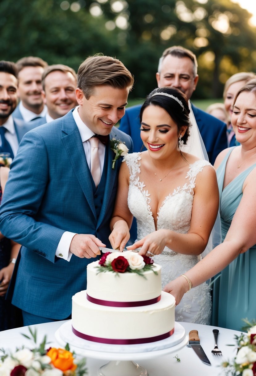 A couple smiles and cuts into a beautiful wedding cake together, surrounded by friends and family