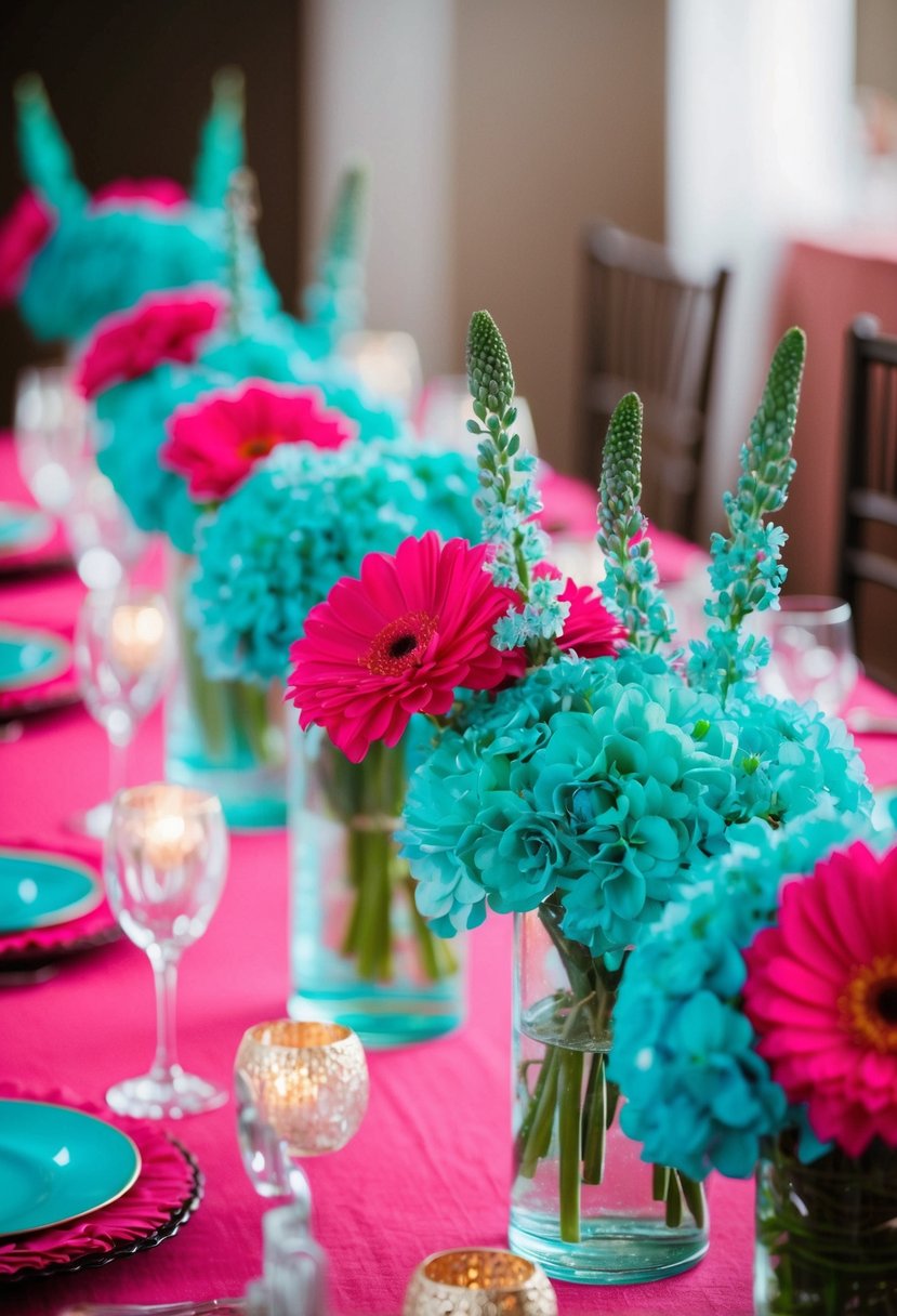 Aqua and hot pink flowers arranged in centerpieces on a table