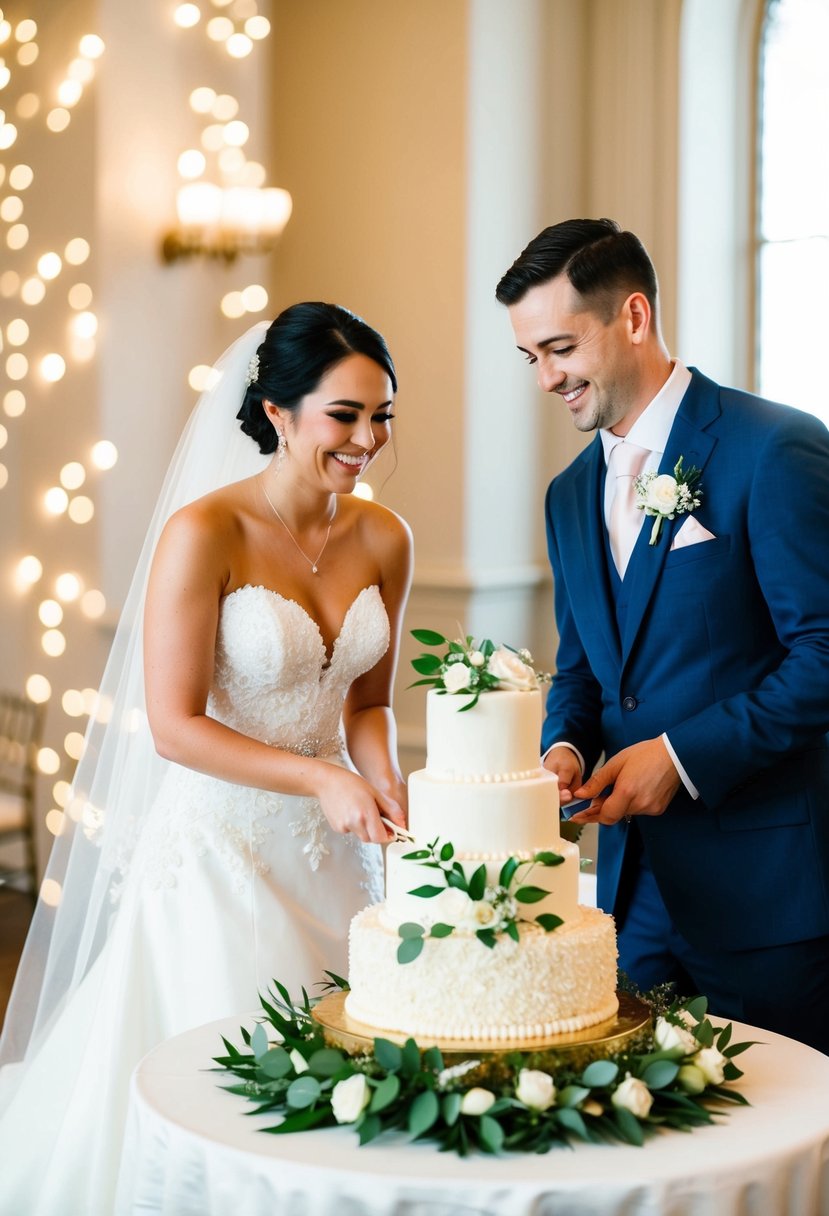 A bride and groom stand together, smiling, as they prepare to cut into a beautifully decorated wedding cake