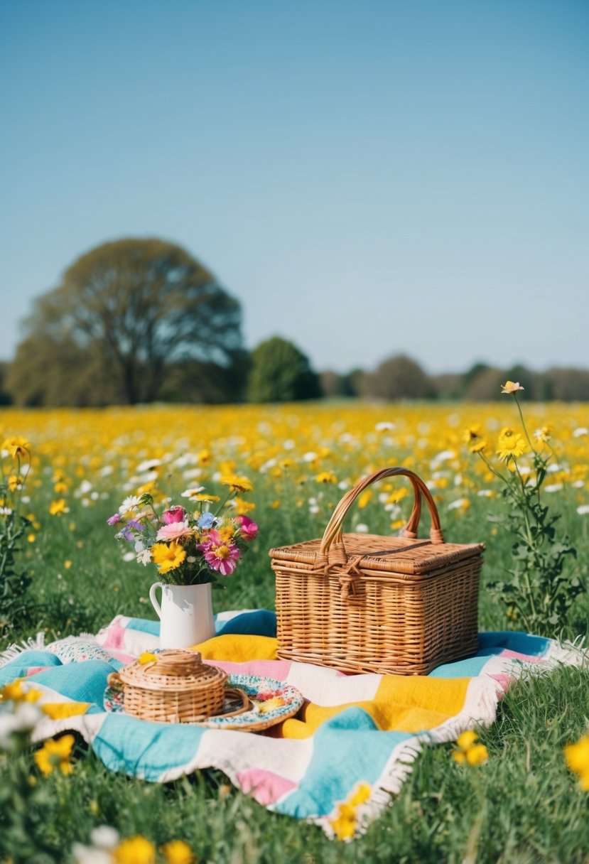 A picnic in a blooming meadow with a colorful blanket, a wicker basket, and a vase of fresh flowers. A clear blue sky and a gentle breeze complete the serene setting