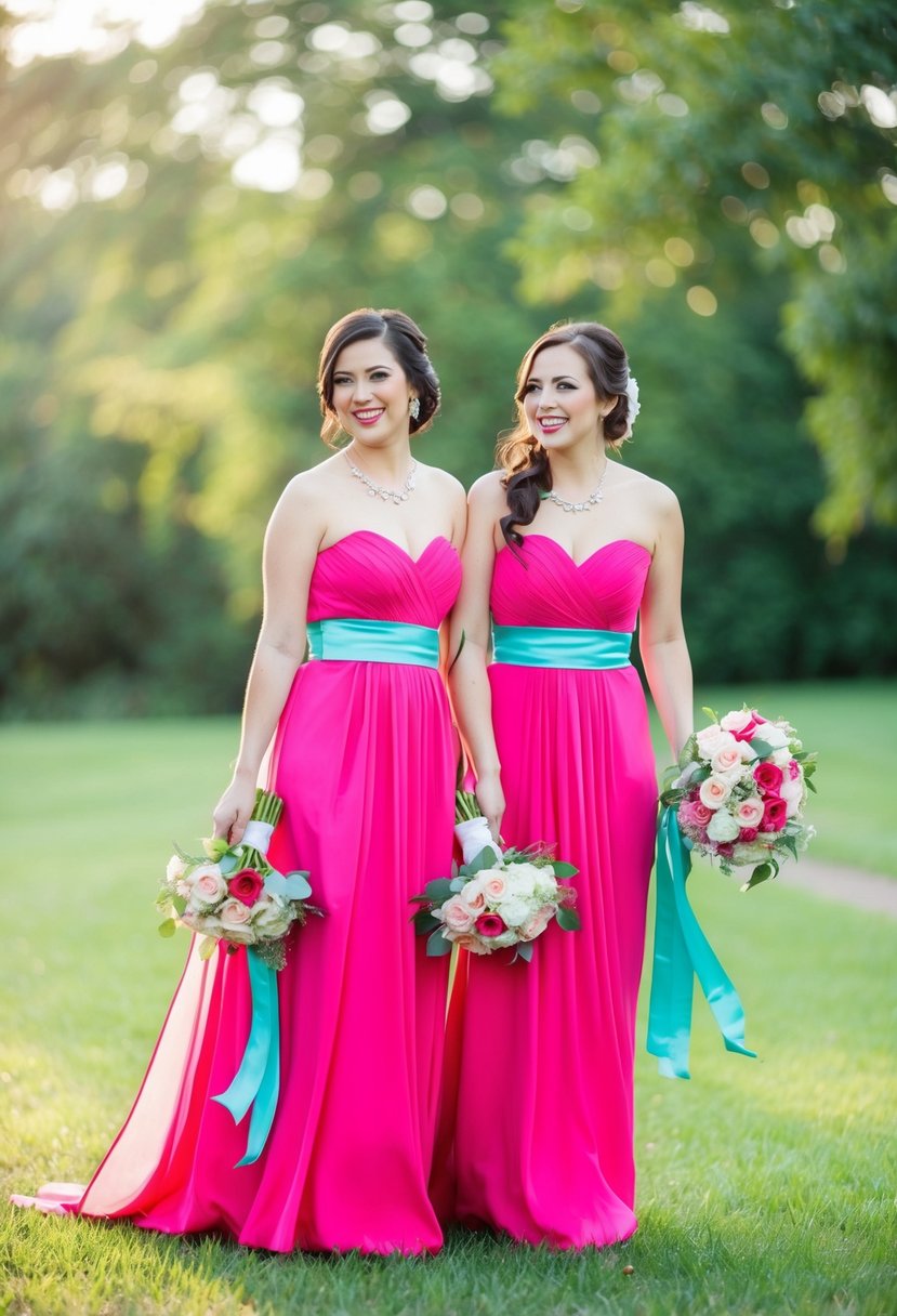 Hot pink bridesmaid dresses with aqua sashes and bouquets