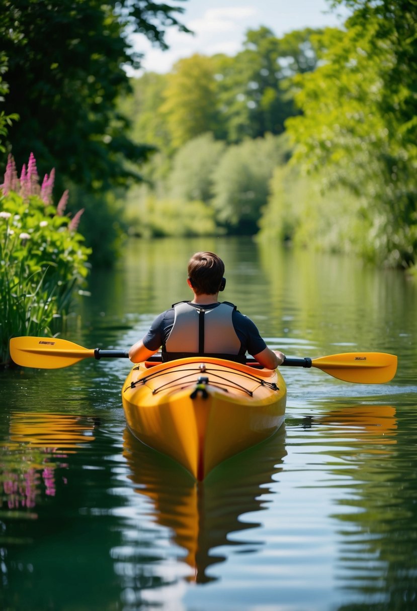 A kayak gliding through calm waters surrounded by lush greenery and vibrant flowers