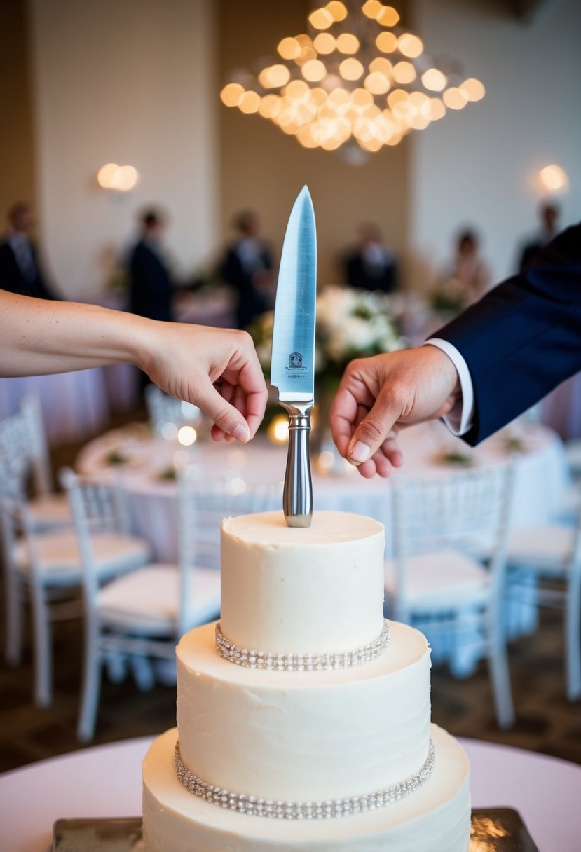 A pair of hands holding a knife above a three-tiered wedding cake, with a table set for a reception in the background