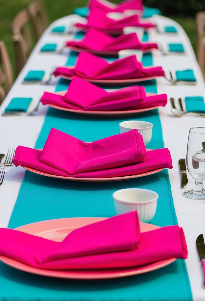 Aqua table runners with hot pink napkins arranged on a table