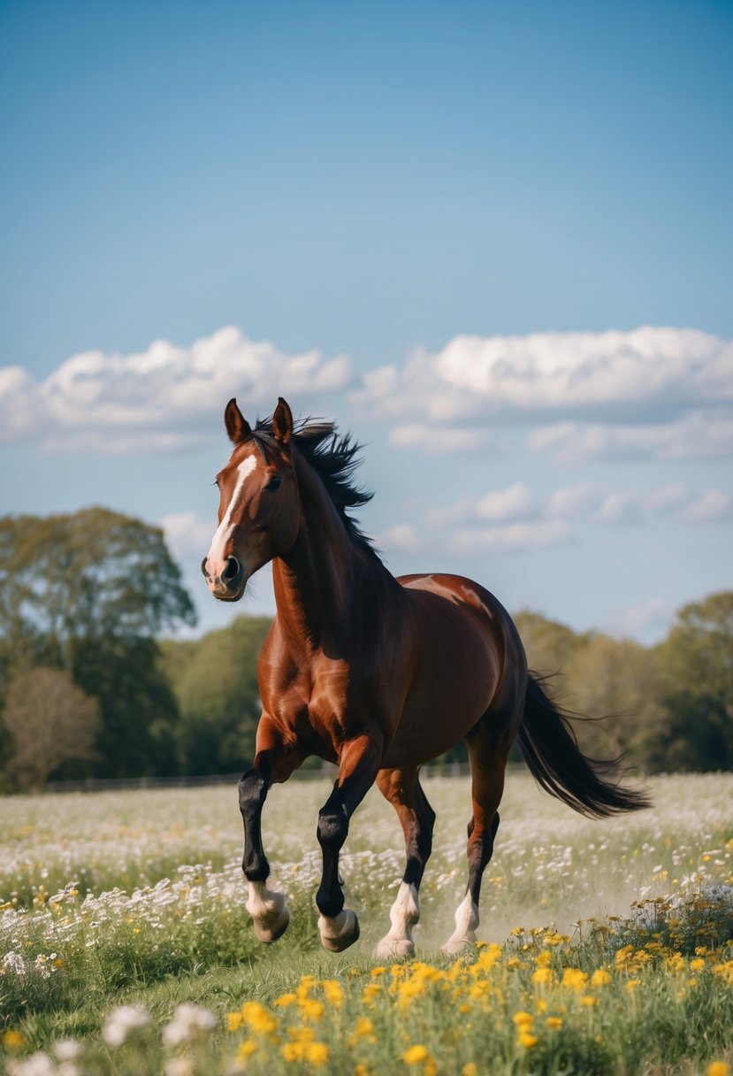 A horse gallops through a blooming meadow under a clear blue sky