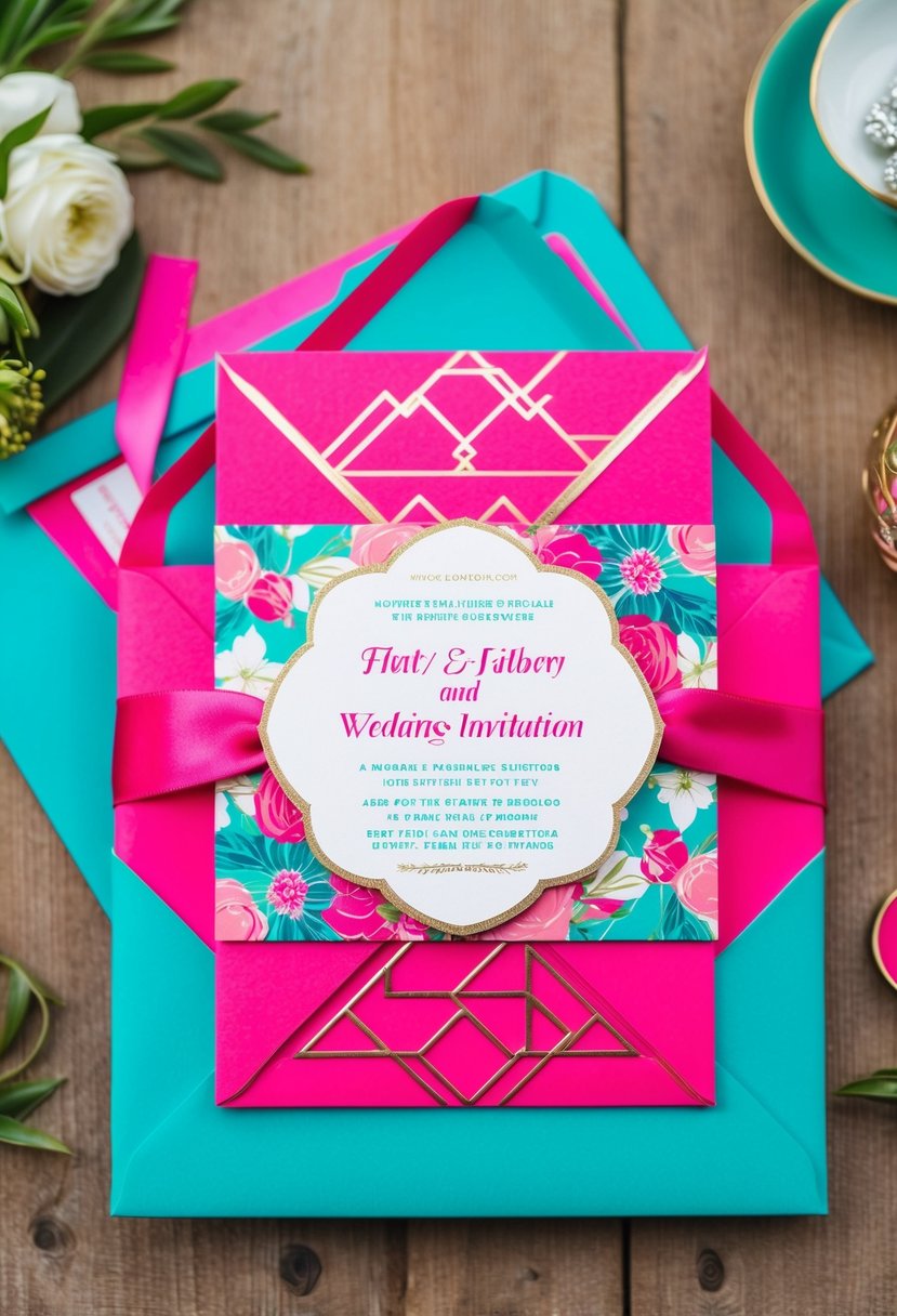 A hot pink and aqua wedding invitation suite with floral and geometric patterns, tied with a satin ribbon