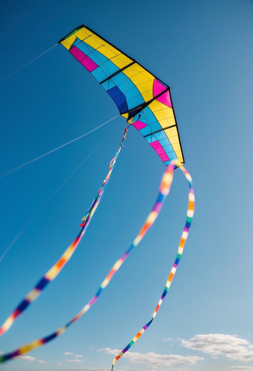 A colorful kite soaring high in the clear blue sky, its long tail trailing behind it as it dances in the spring breeze