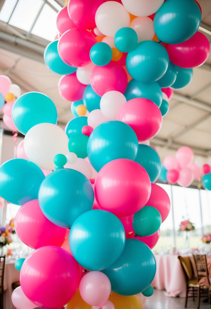 A festive display of aqua and hot pink balloons, creating a vibrant and colorful wedding decor