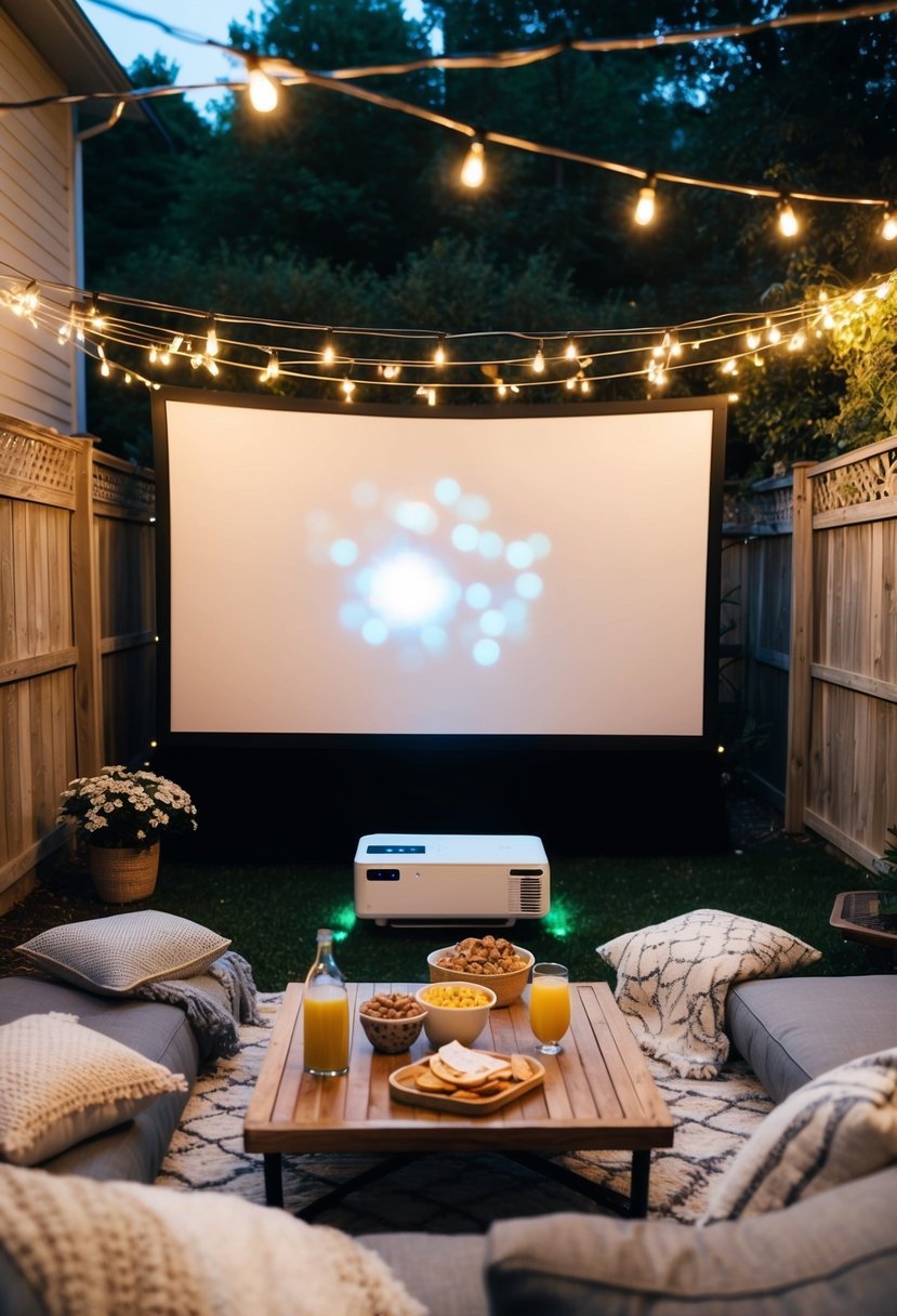 A cozy backyard with a large screen, string lights, blankets, and pillows. A projector is set up, and there are snacks and drinks on a table