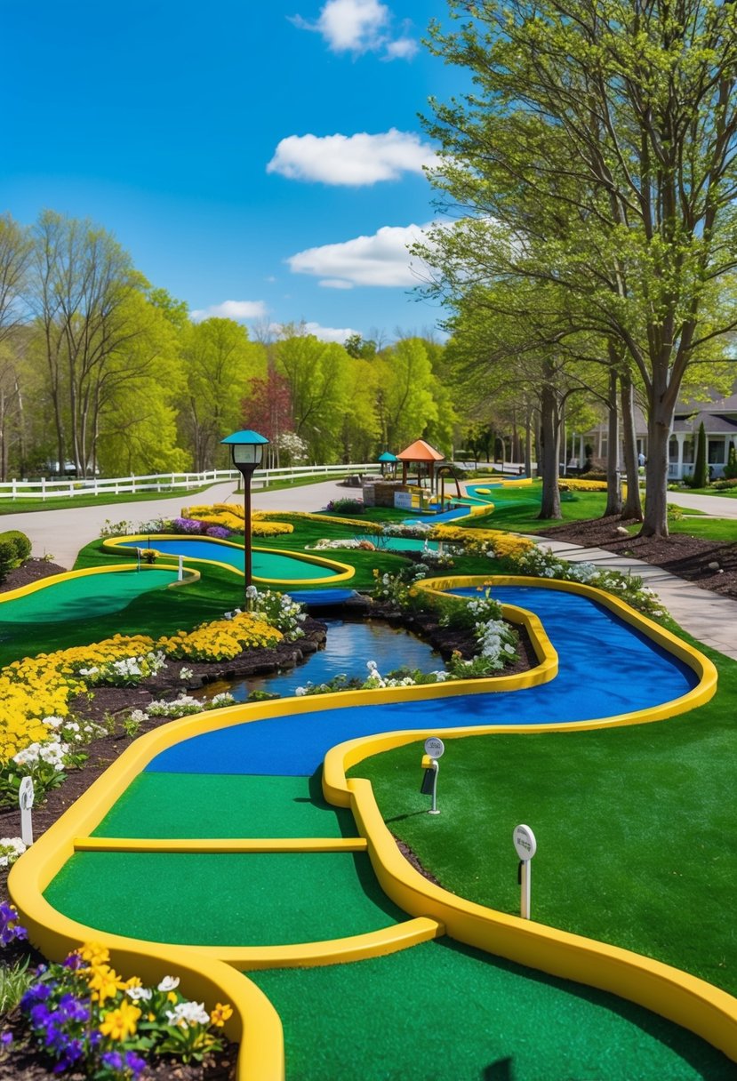 A colorful mini golf course with lush greenery and a winding stream, surrounded by cheerful spring flowers and bright blue skies