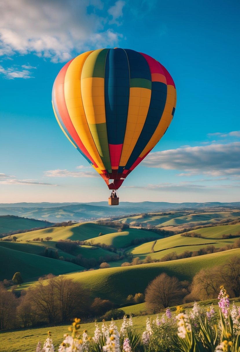 A colorful hot air balloon floats above a picturesque landscape of rolling hills and blooming flowers on a sunny spring day