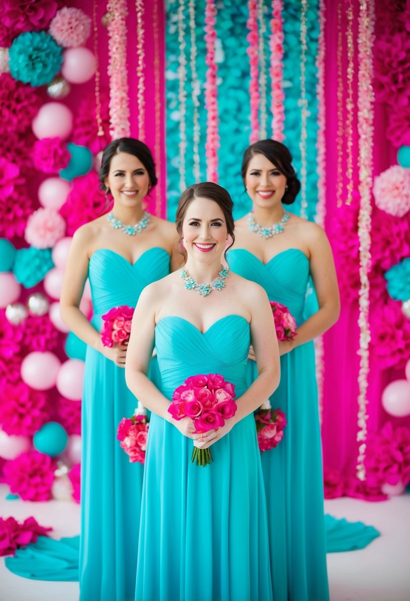 Aqua dresses with hot pink floral corsages against a backdrop of hot pink and aqua wedding decor