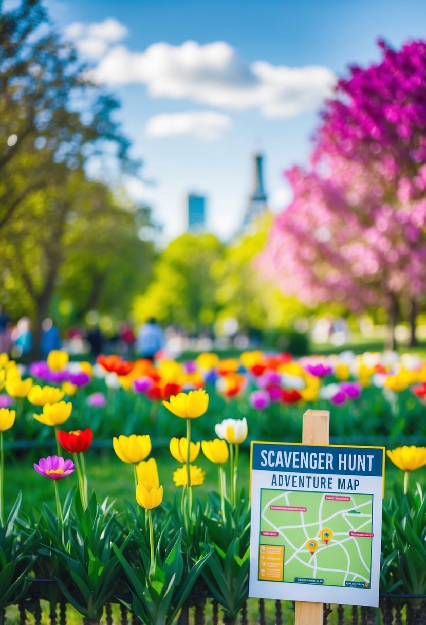 A colorful park with blooming flowers, hidden clues, and a map for a scavenger hunt adventure