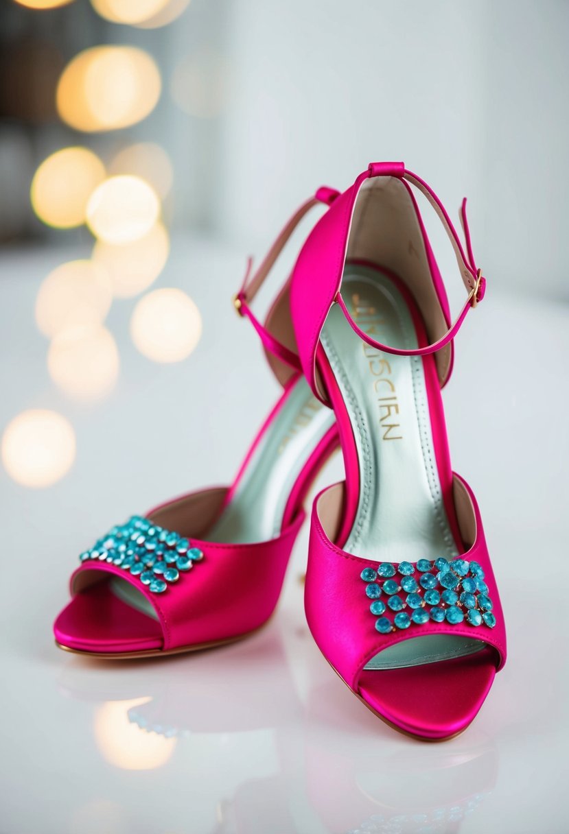 Hot pink heels with aqua embellishments on a white background