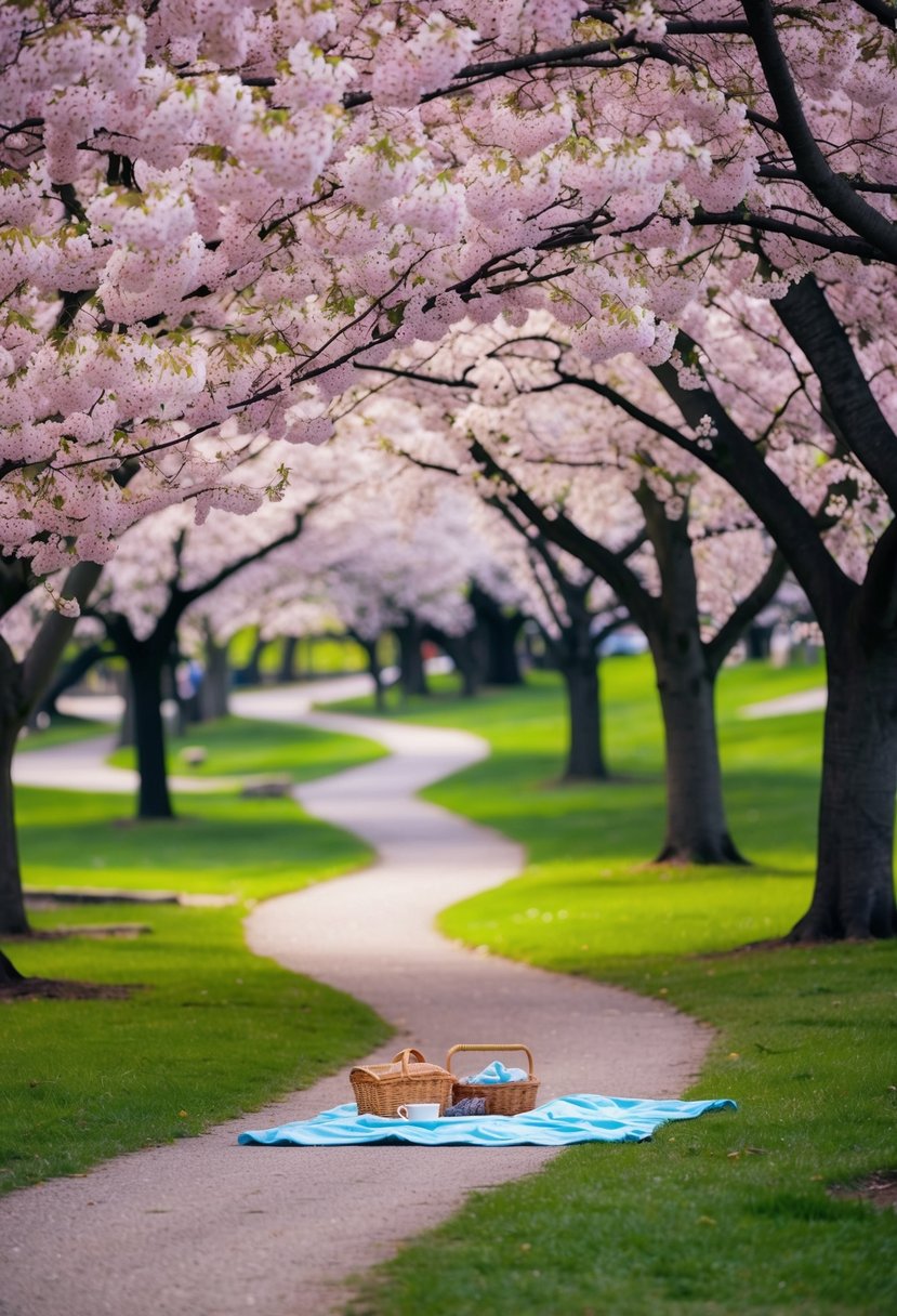 A tranquil park with blooming cherry blossom trees, a winding path, and a picnic blanket set beneath the delicate pink petals