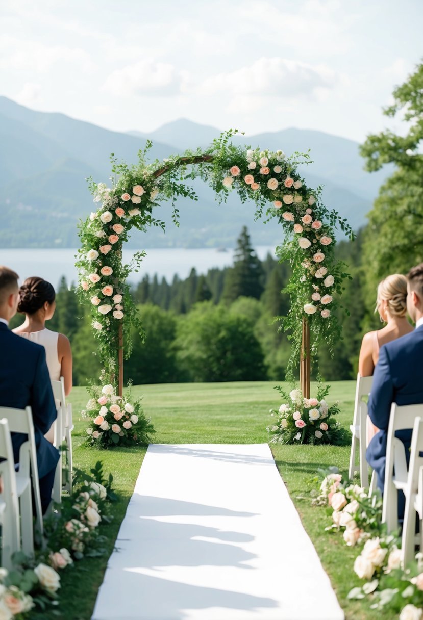 A serene outdoor wedding ceremony with an arch adorned with flowers, surrounded by lush greenery and a picturesque backdrop of mountains or a lake