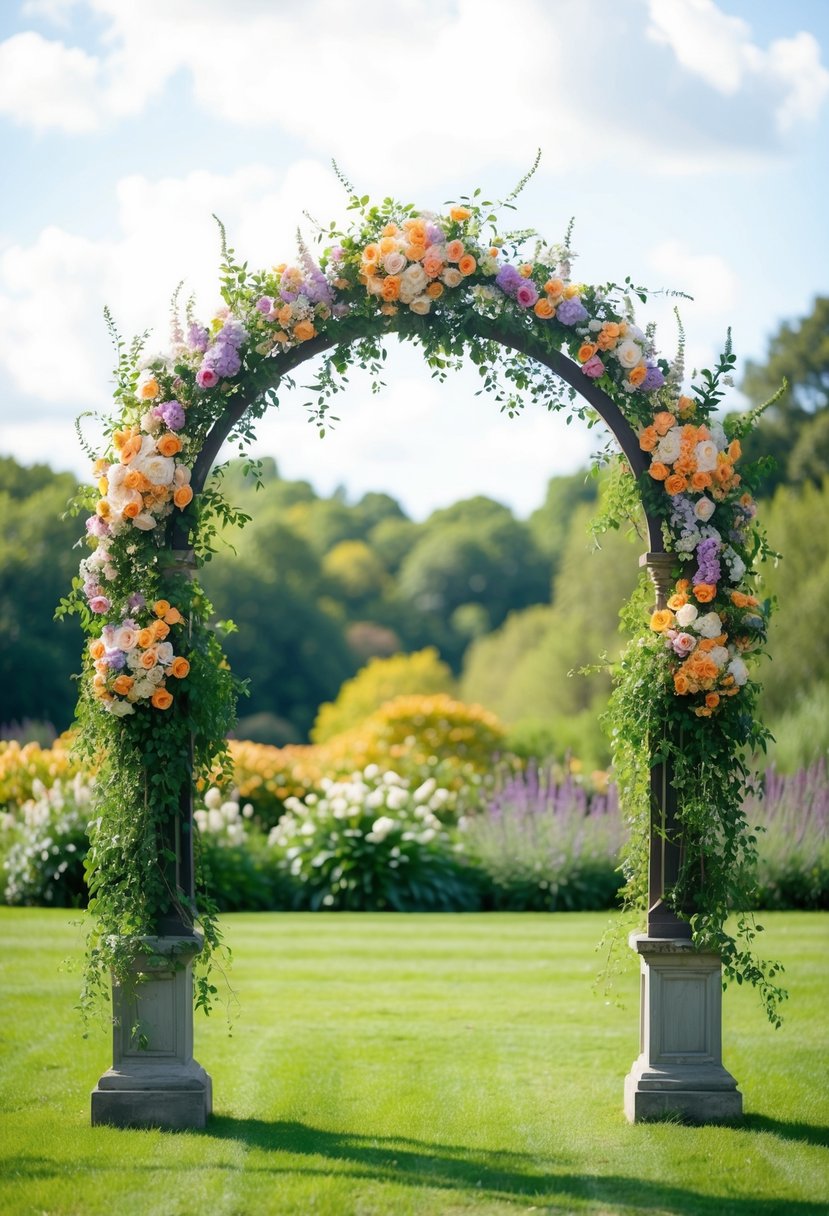 An ornate garden arch adorned with vibrant flowers, set against a backdrop of lush greenery, creates a picturesque setting for an outdoor wedding ceremony