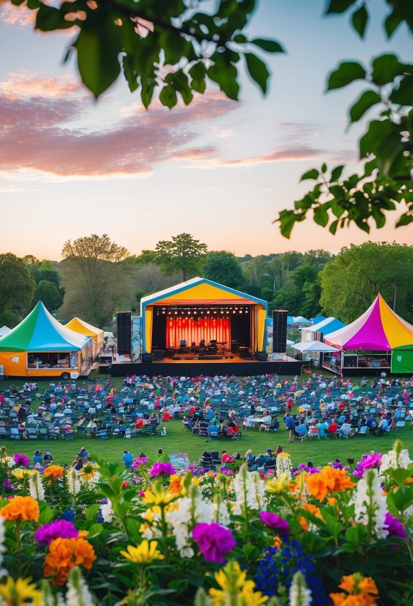 A vibrant outdoor concert with colorful tents, food trucks, and a stage surrounded by blooming flowers and greenery