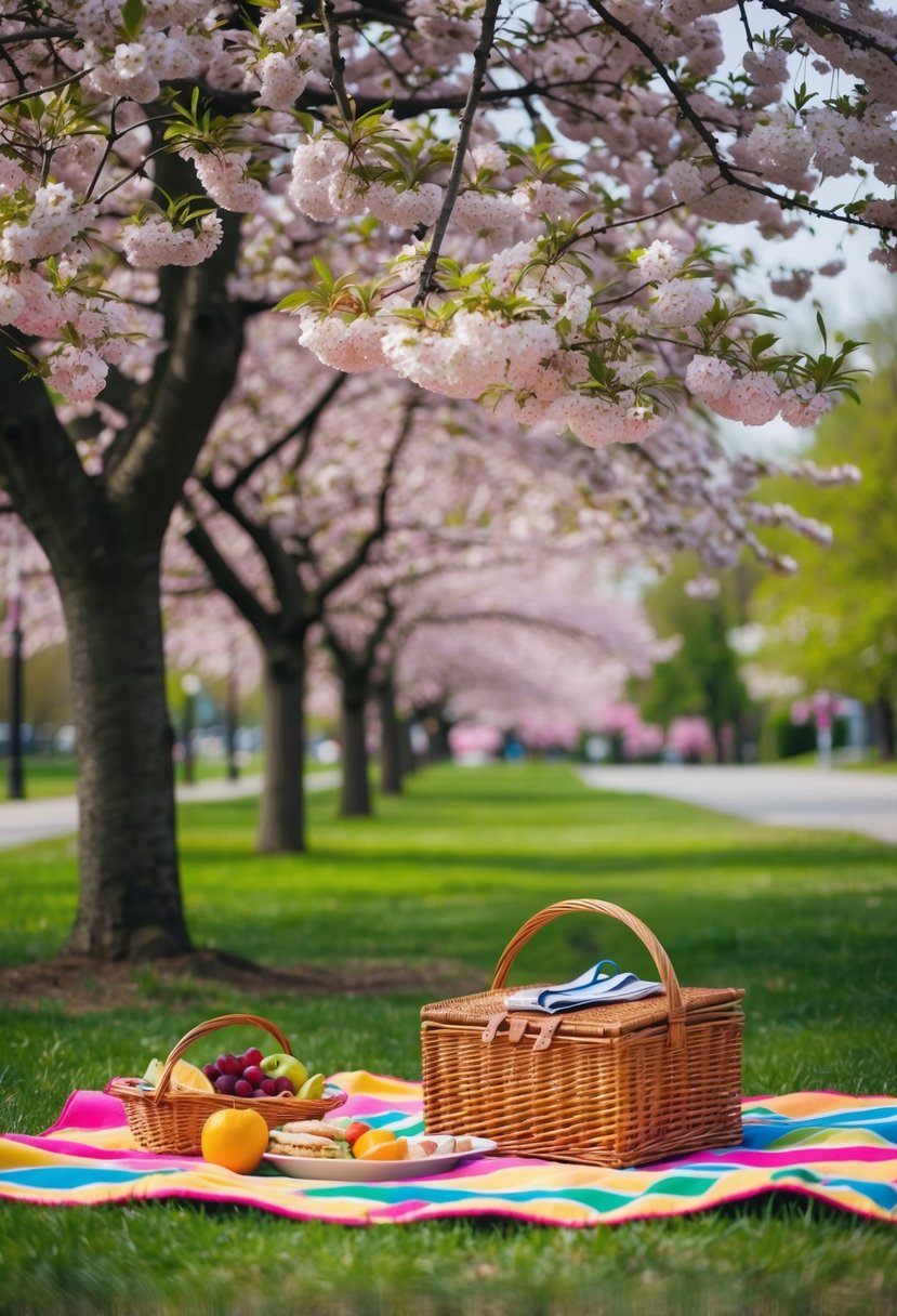 A colorful picnic blanket spread under a blooming cherry blossom tree in a local park, with a wicker basket filled with fruits and sandwiches