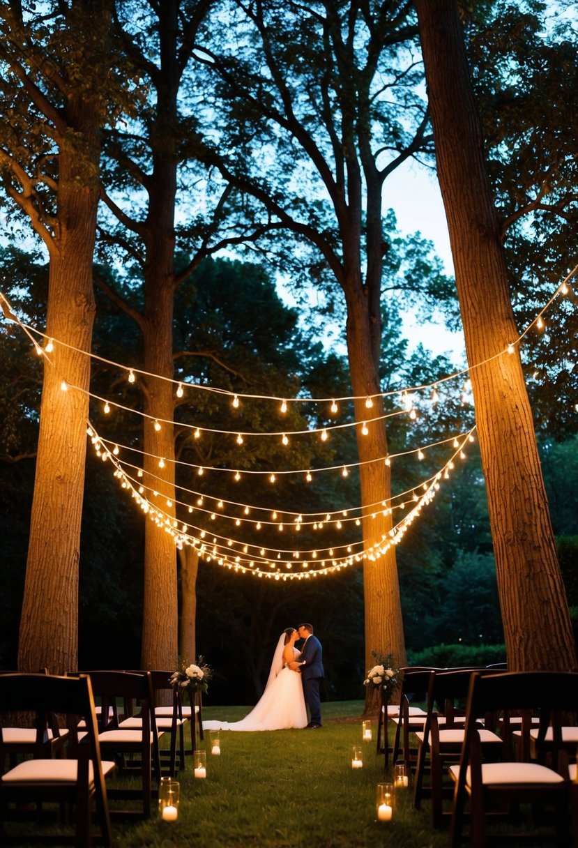 String lights wrap around tall trees, casting a warm glow over an outdoor wedding ceremony