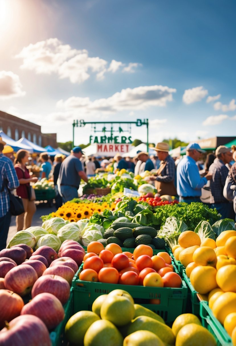 A bustling farmers market with colorful produce, flowers, and bustling crowds under a sunny sky