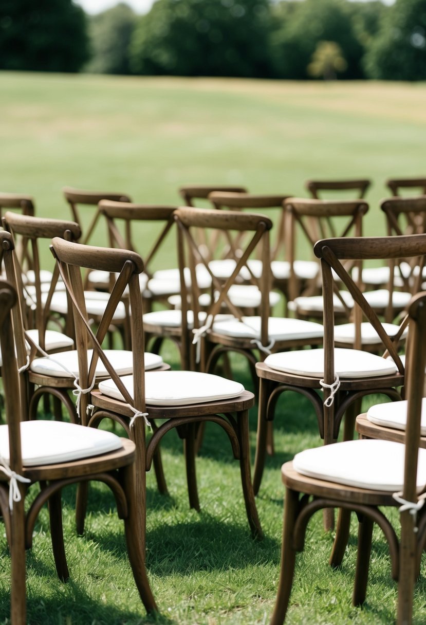 Rustic wooden chairs arranged in a semi-circle on a grassy outdoor area, with a simple and elegant setup for a wedding ceremony