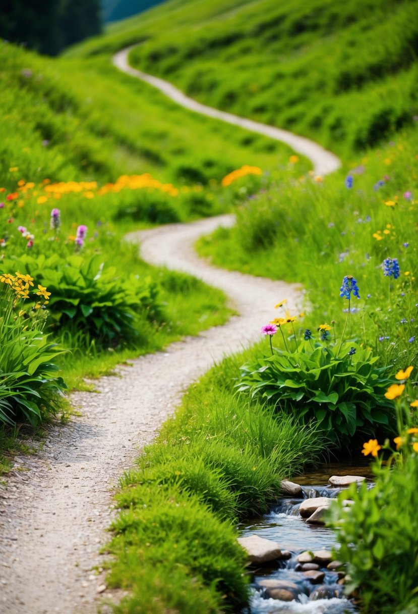 A winding trail through lush greenery, with a stream flowing beside it and colorful wildflowers dotting the landscape