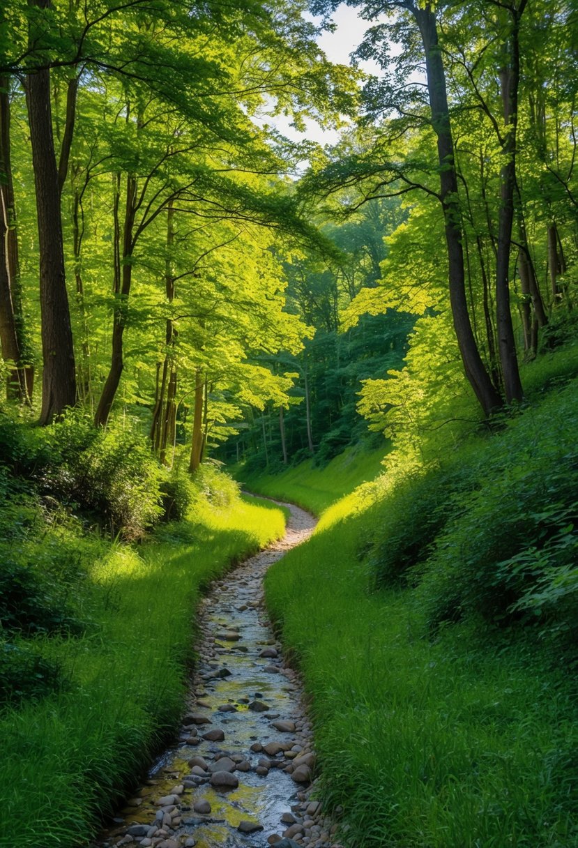 A winding trail through lush green forest, dappled sunlight filtering through the trees, with a gentle stream trickling alongside