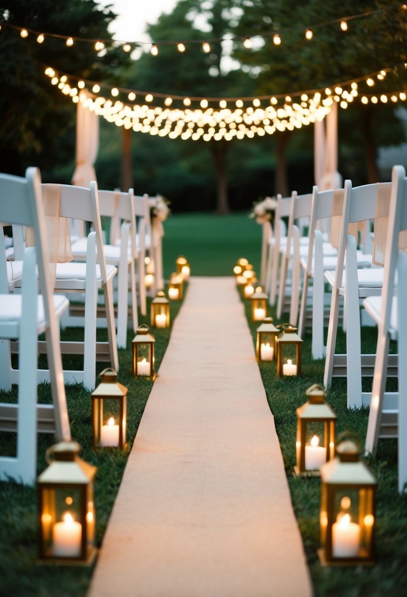 An outdoor wedding aisle lined with glowing lanterns