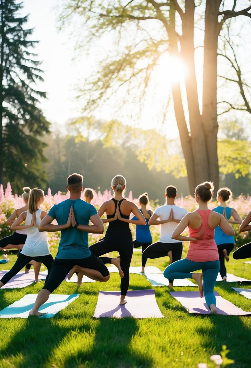 A group of people gather on a grassy field, surrounded by blooming flowers and tall trees. The sun is shining, casting a warm glow as they practice yoga poses in unison