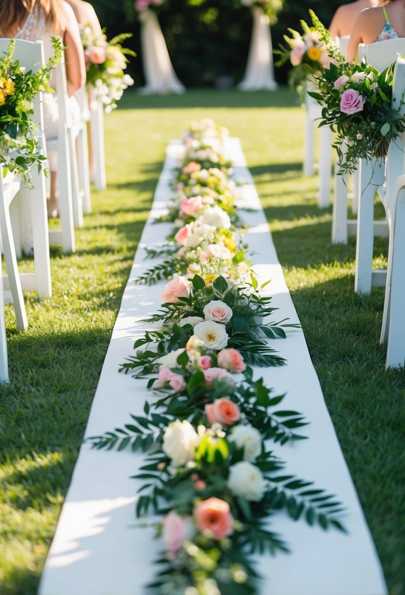 A lush floral aisle runner winds through a sun-dappled outdoor wedding ceremony, with vibrant blooms and greenery creating a romantic and enchanting atmosphere